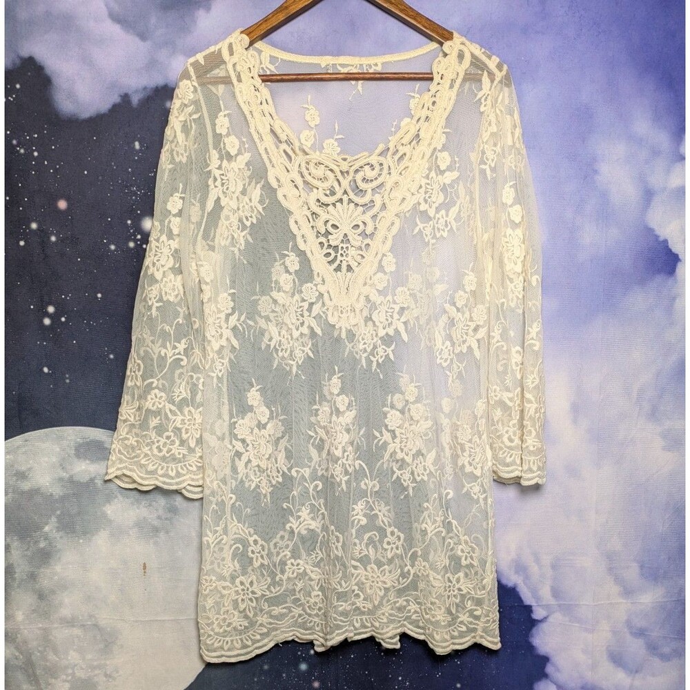 Vintage Ivory Sheer Embroidered Lace Tunic Top Festival Boho Witchy Whimsigoth